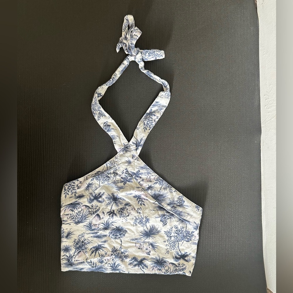 Abercrombie & Fitch White/Blue Linen Cinched Back Halter Crop Top size Small - Picture 3 of 7